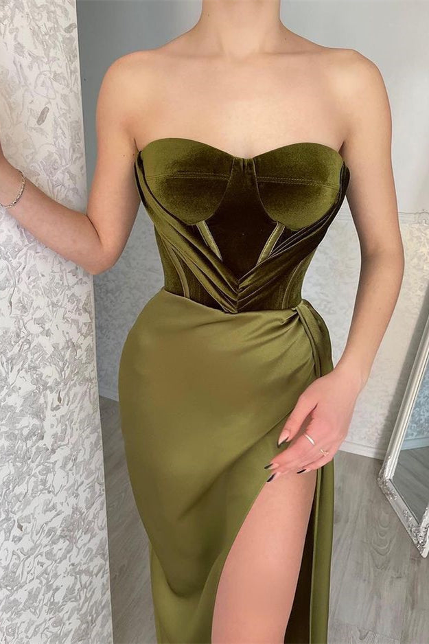 Elegant Olive Green Strapless Mermaid Evening Gown with Thigh-High Split