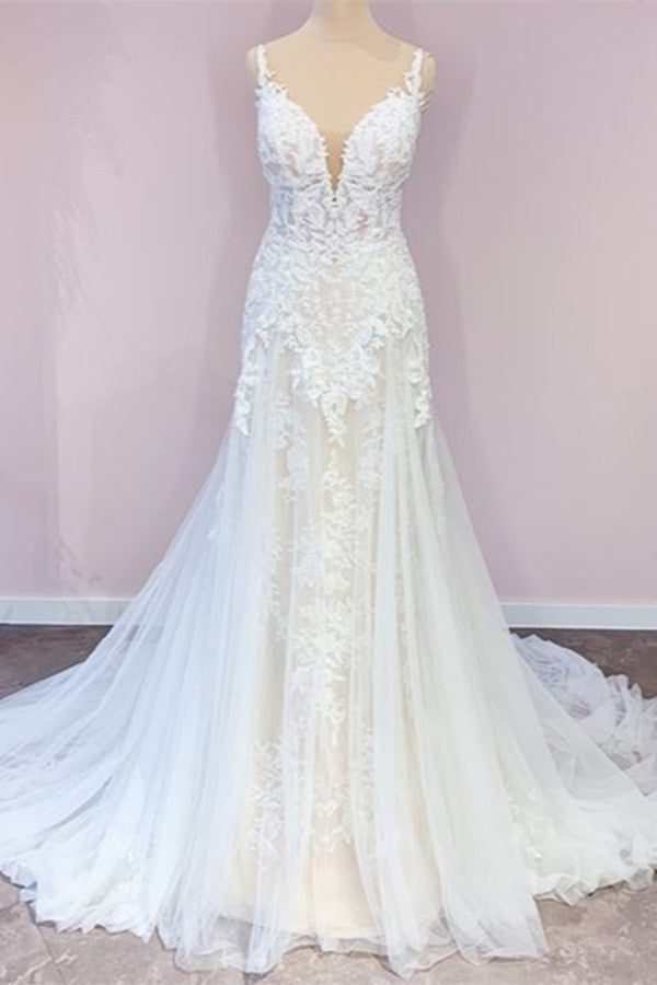Stunning Spaghetti Straps A-Line Wedding Dress Sweetheart Neckline Appliques Lace Gown