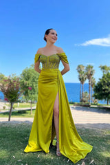 Off-the-Shoulder Sweetheart Beaded Mermaid Prom Dress with Front Slit