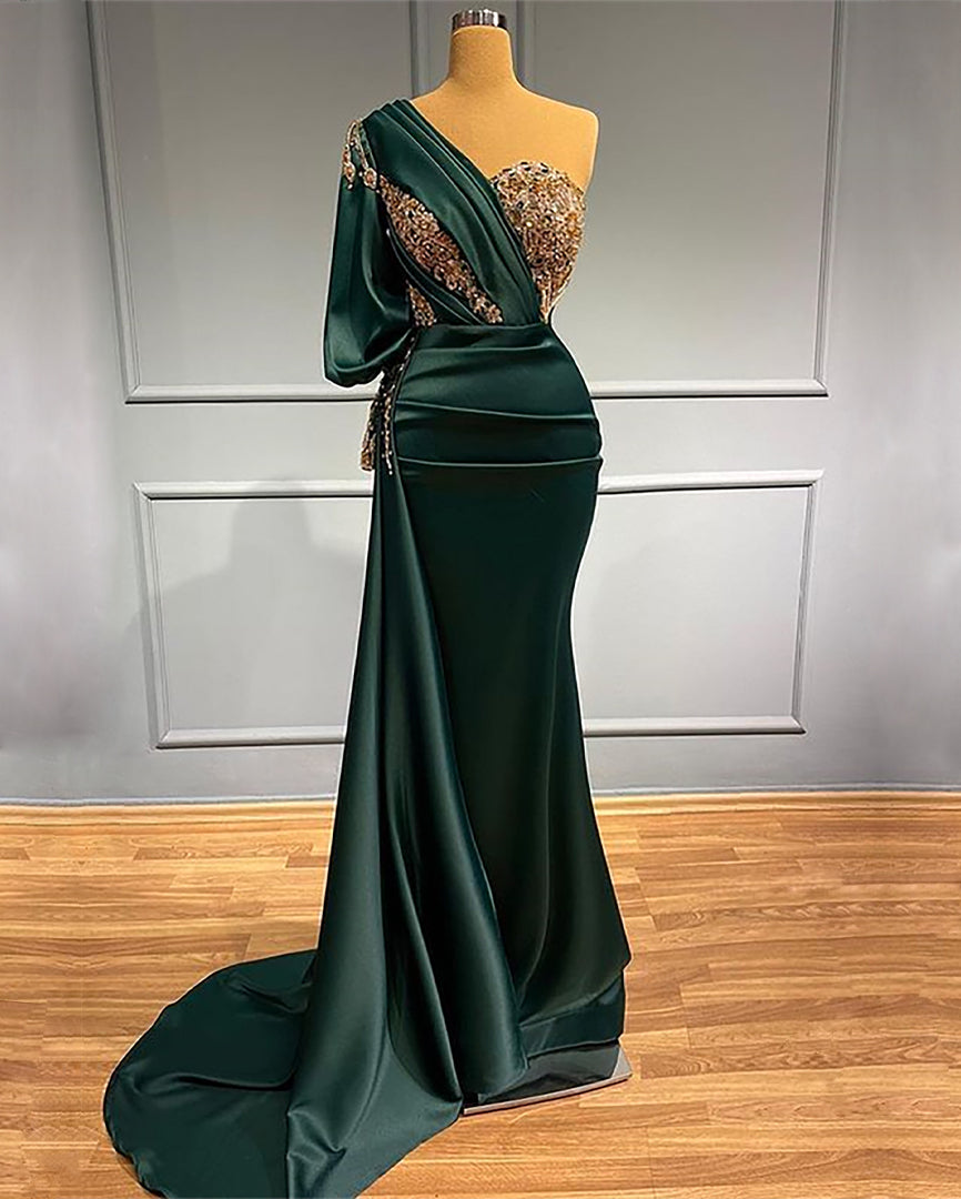 Elegant Dark Green One-Shoulder Mermaid Prom Dress with Beaded Appliques