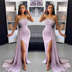 Elegant Lavender Off-Shoulder Evening Gown with Pleated Applique & High Slit