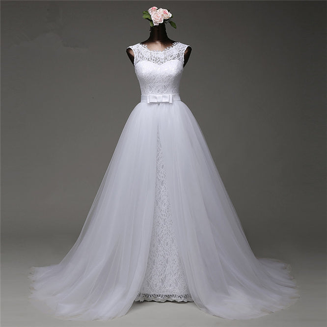 Jewel Sleeveless Lace Long Wedding Dress with Tulle Overskirt for Bridal Elegance