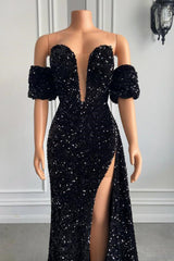 Elegant Strapless Mermaid Prom Dress with Bubble Sleeves and High Split Design