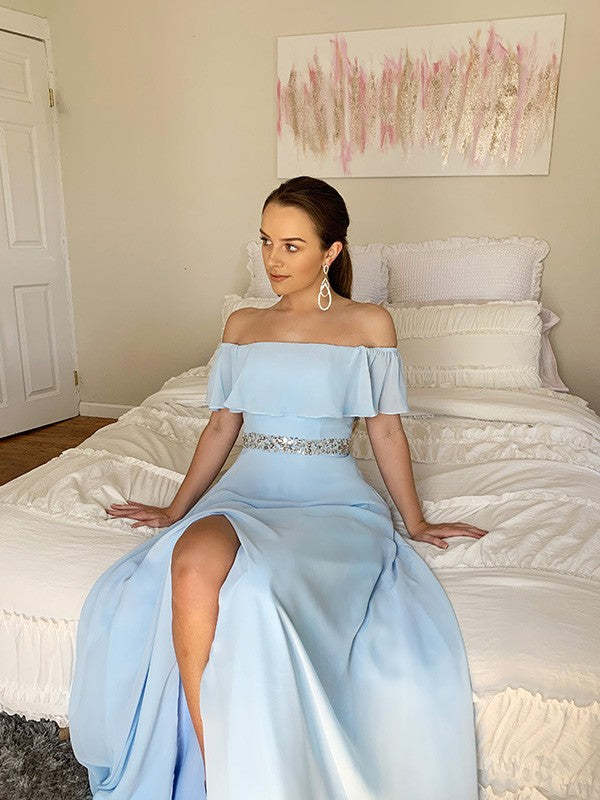 Elegant Off-the-Shoulder Sky Blue Prom Dress with Thigh High Split