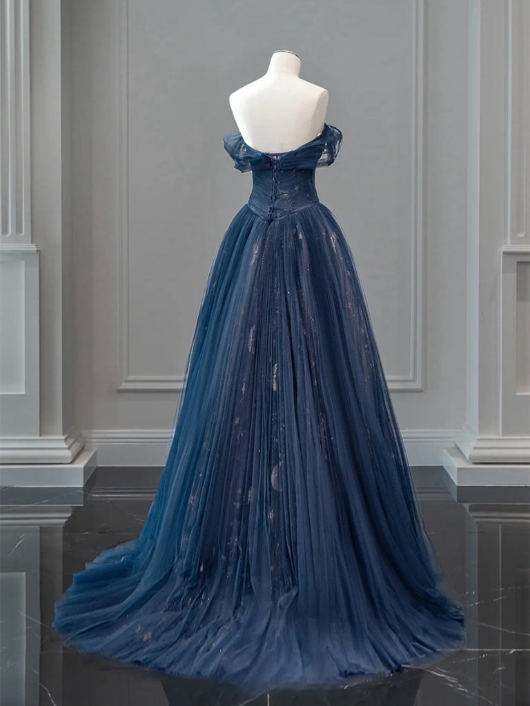 A-Line Off Shoulder Tulle Lace Dark Blue Long Prom Dress A-Line Off Shoulder Tulle Lace Dark Blue Long Prom Dress