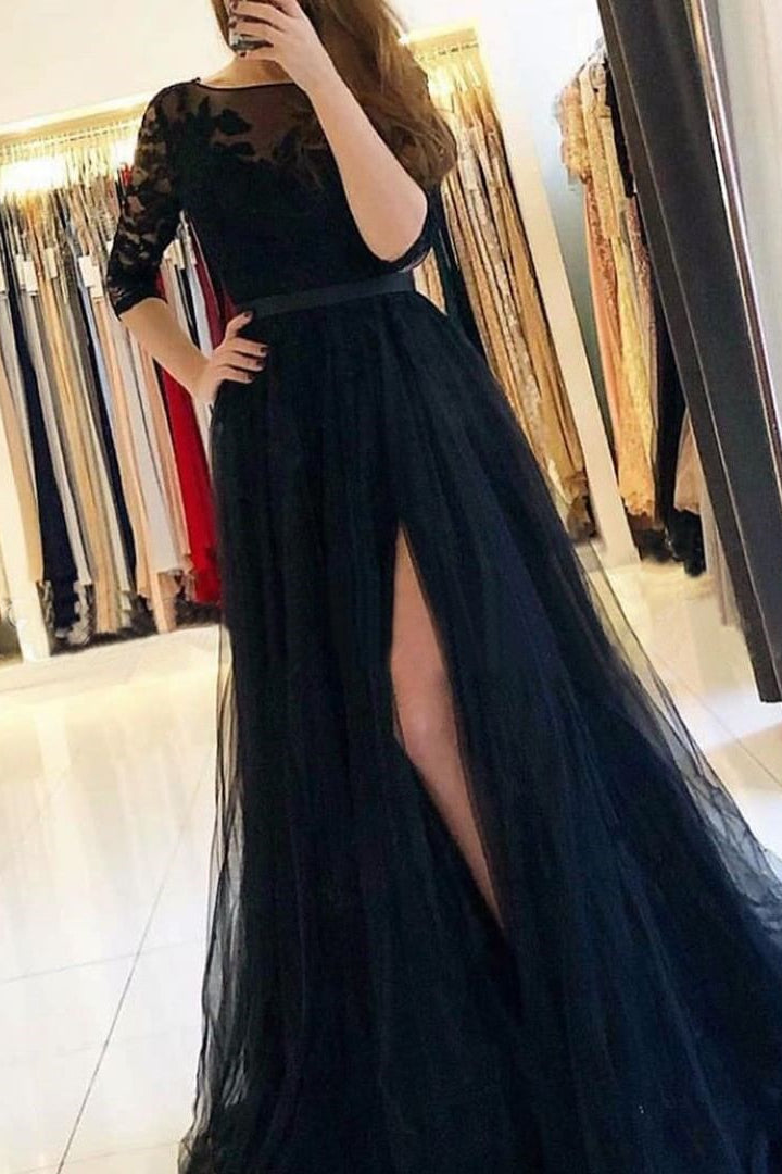 Elegant Long Sleeve A-Line Lace Prom Dress with Thigh Slit