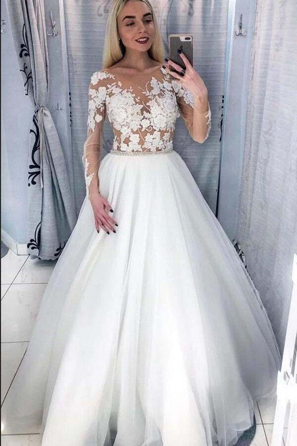 A-Line Crystal Wedding Dress Deep V-Neck Floor-Length with Appliques Lace