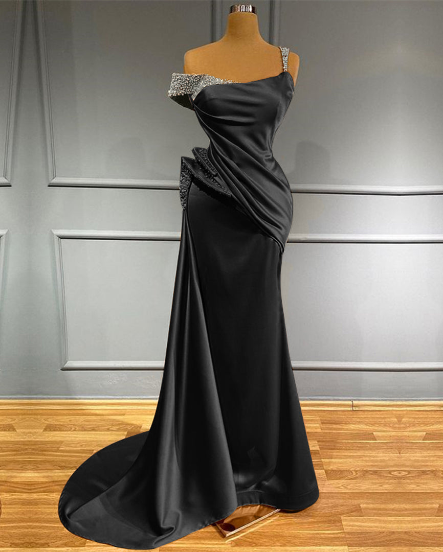 Elegant Off-Shoulder Ruffled Mermaid Evening Gown with Beaded Accents