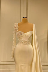 Elegant Long Mermaid Evening Dress with 3D Floral Ruched Satin, Perfect Prom Gown