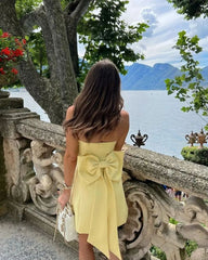 Yellow Satin Sleeveless Short Evening Dress Homecoming Prom Party
