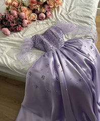 Vintage A-Line Sweetheart Satin Pearls Long Sleeve Lilac Gown