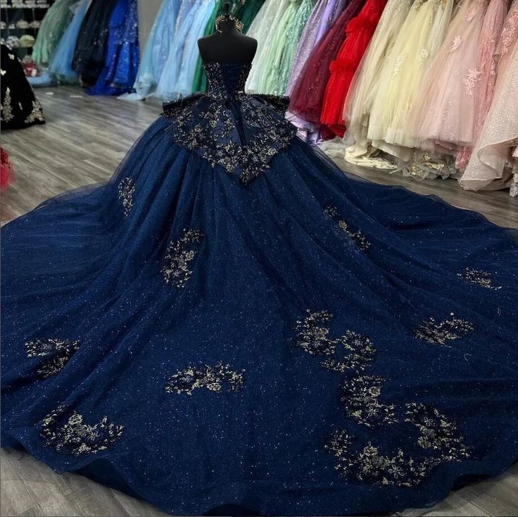 Navy Sparkle Princess Quinceanera Ball Gown with Applique Corset Peplum