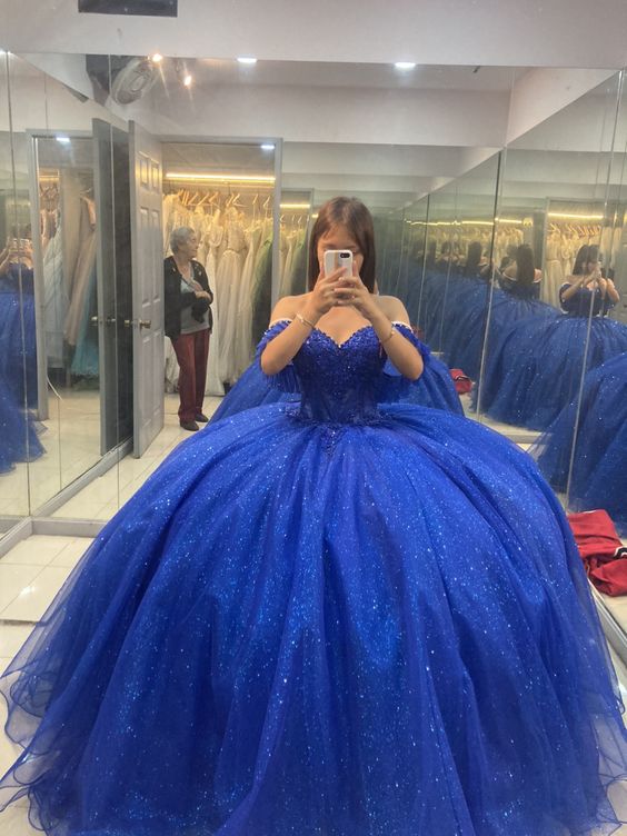 Royal Blue Sparkly Princess Ball Gown Quinceañera Tulle Lace-up Dress