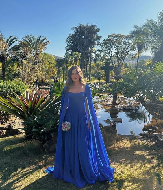 Royal Blue A-Line Chiffon Prom Dress with Long Sleeves