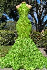 Green Halter Sleeveless Mermaid Prom Dress with Flower Appliques
