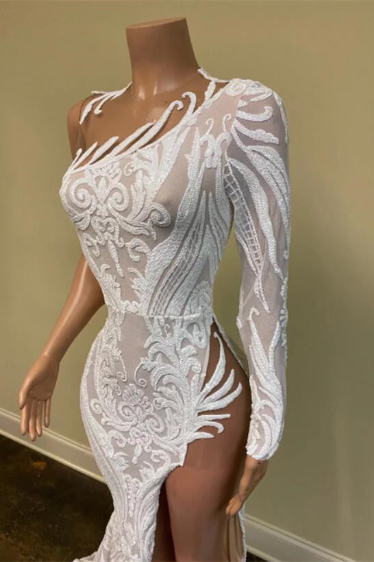 Elegant White Sequin One-Shoulder Mermaid Prom Gown with Long Sleeve & Slit