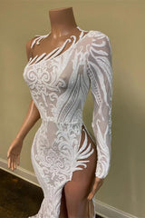 Elegant White Sequin One-Shoulder Mermaid Prom Gown with Long Sleeve & Slit