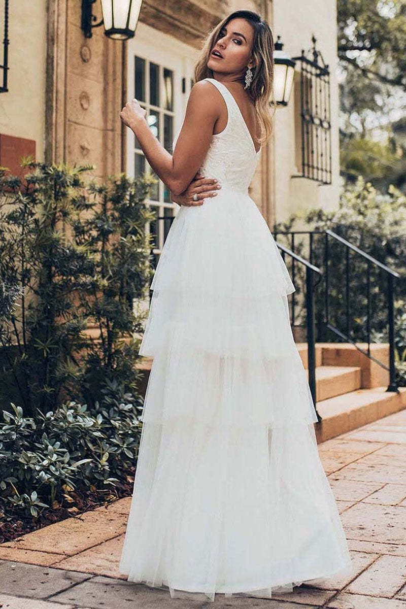 Sleeveless Layered Tulle Wedding Dress with V-Neck A-Line Skirt Sleeveless Layered Tulle Wedding Dress with V-Neck A-Line Skirt