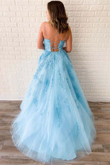 Sky Blue Spaghetti Straps Appliqued Evening Dress - Elegant Formal Gown