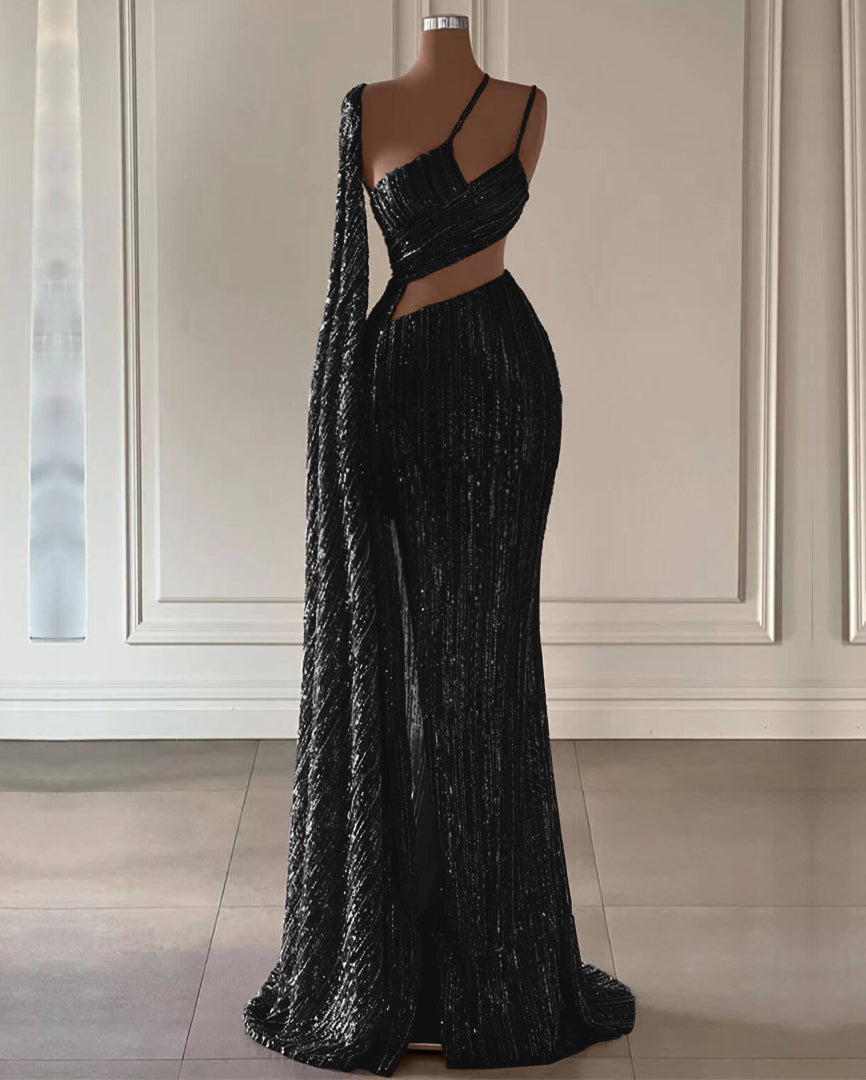 Burgundy Sequin Mermaid Prom Dress with Ruffle Slit Elegant Gown
