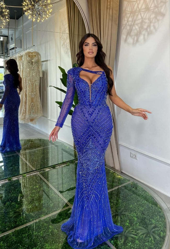 Luxurious Blue One Sleeve Mermaid Prom Dress with Beads and Gems