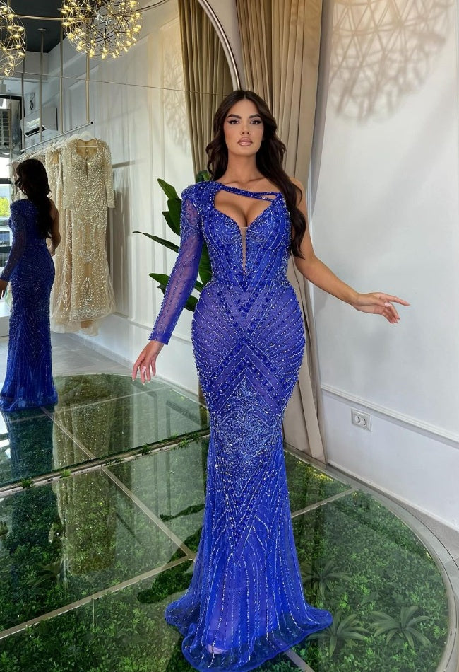 Luxurious Blue One Sleeve Mermaid Prom Dress with Beads and Gems
