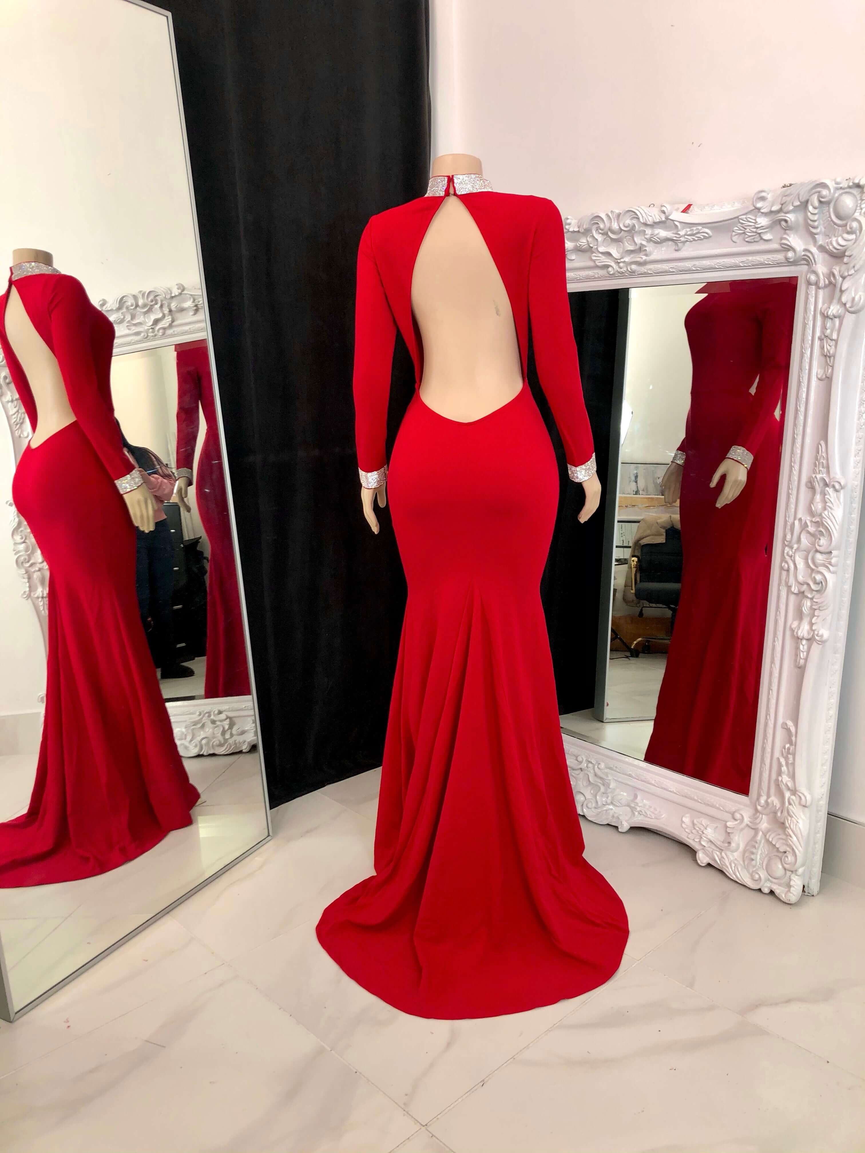 Elegant Red Long Sleeve Open Back Mermaid Prom Dress Gown