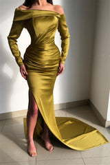 Elegant Sage Green Long Sleeve Prom Dress Pleated Split Gown