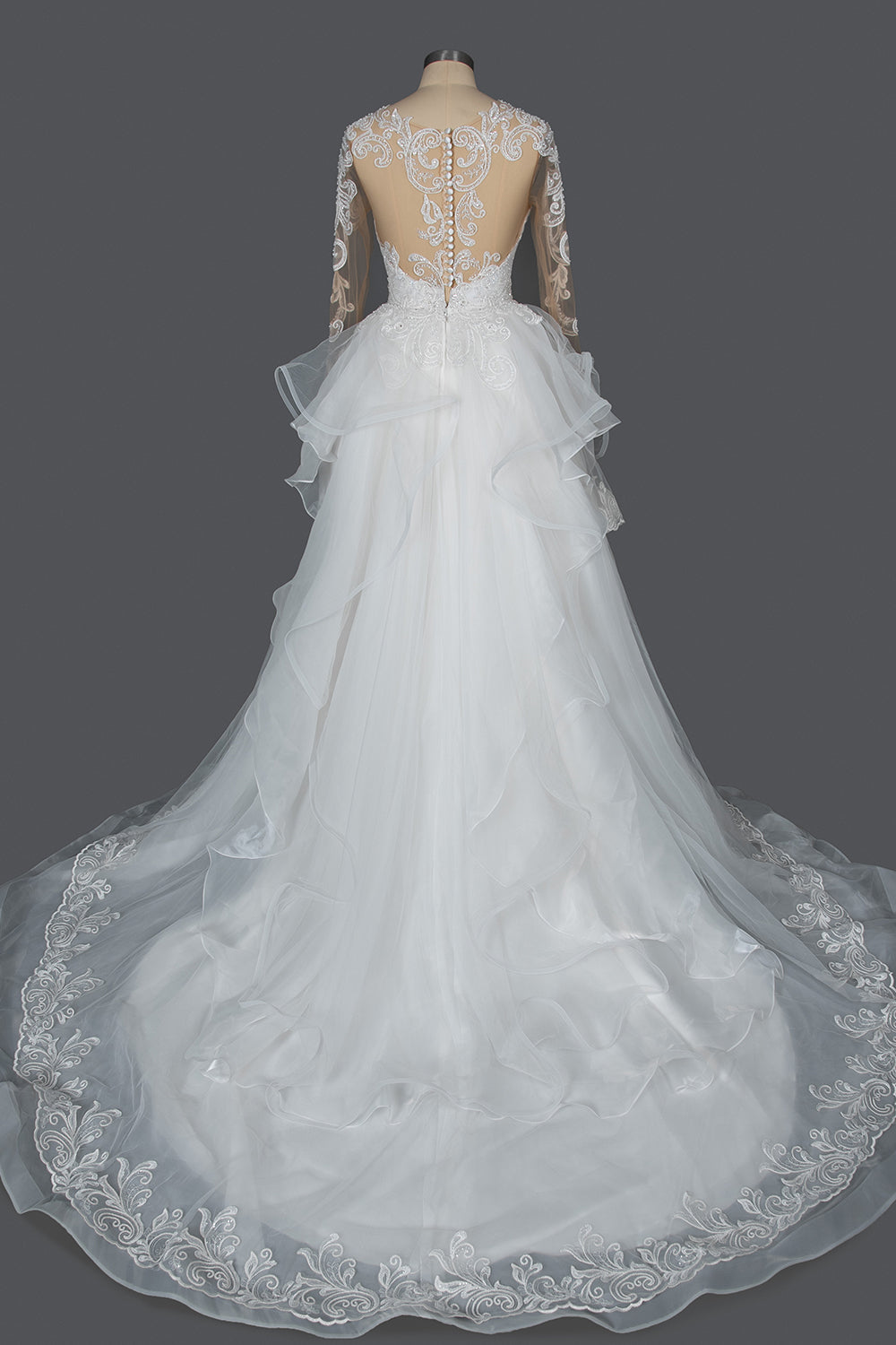 A-Line V-Neck Hi-Lo Wedding Dress with Ruffles, Tulle and Appliques