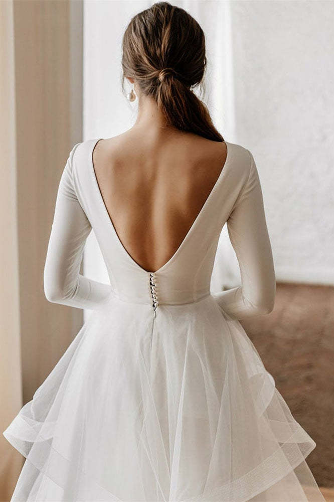 Long Sleeve V-Plunge Tulle Wedding Dress Layered Skirt
