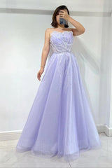Lilac A-Line Tulle Prom Dress: Strapless, Sleeveless with Sequin Beads