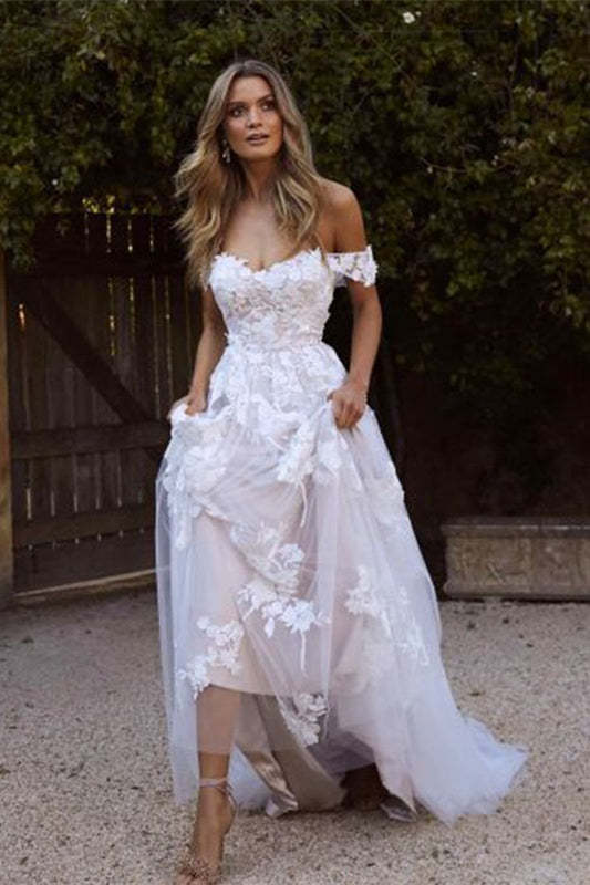 Off-Shoulder Tulle A-Line Wedding Dress with Lace Appliques