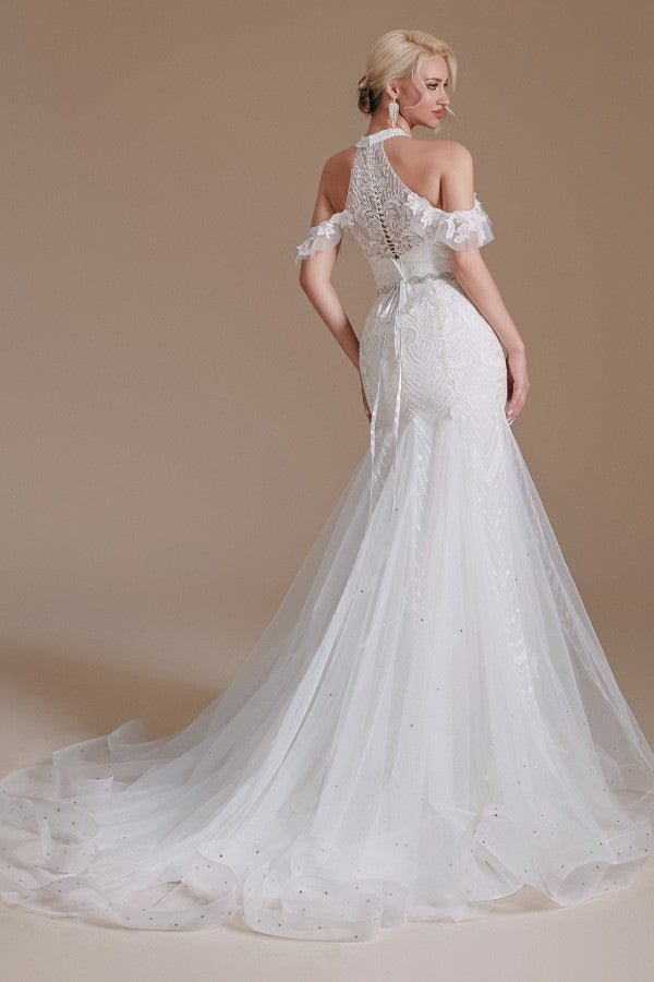 Elegant Mermaid Halter Tulle Wedding Gown with Lace Appliques and Floor-Length Design