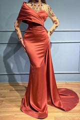 Elegant Crystal High Neck Mermaid Prom Dress with Ruffles, Long Sleeves Formal Gown