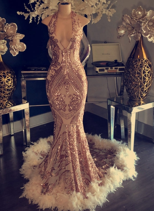 Halter Sequin Mermaid Prom Dress Open Back Feather Gown