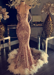 Halter Sequin Mermaid Prom Dress Open Back Feather Gown