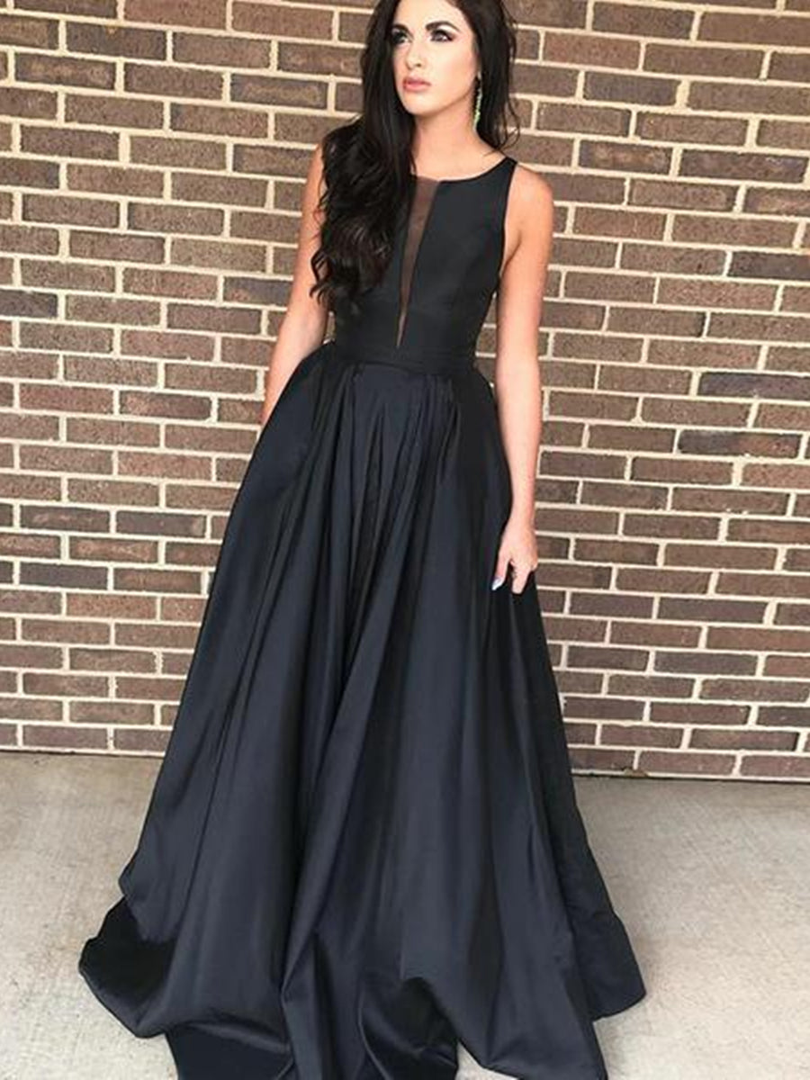 Elegant A-Line Satin Black Prom Dress with Natural Waist