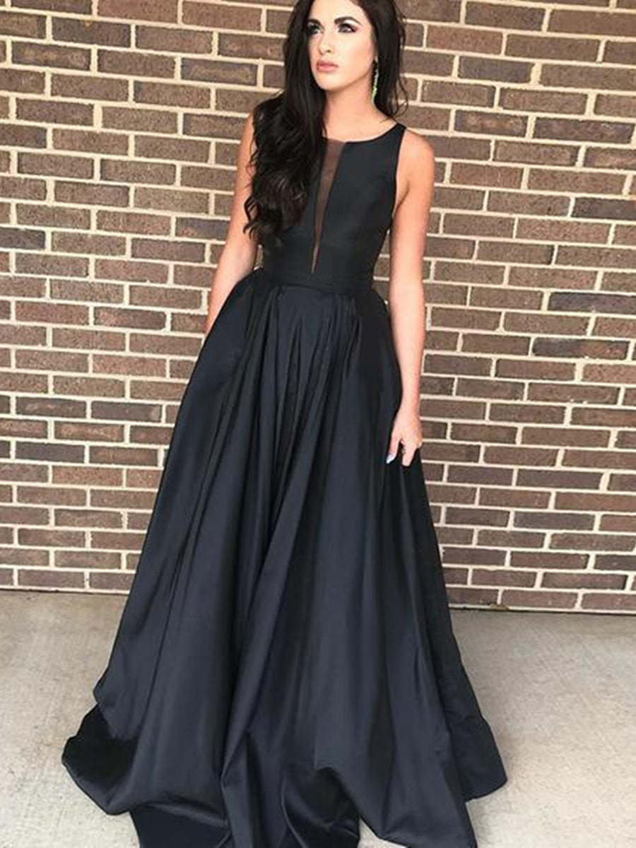 Elegant A-Line Satin Black Prom Dress with Natural Waist