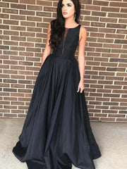 Elegant A-Line Satin Black Prom Dress with Natural Waist