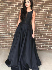 Elegant A-Line Satin Black Prom Dress with Natural Waist