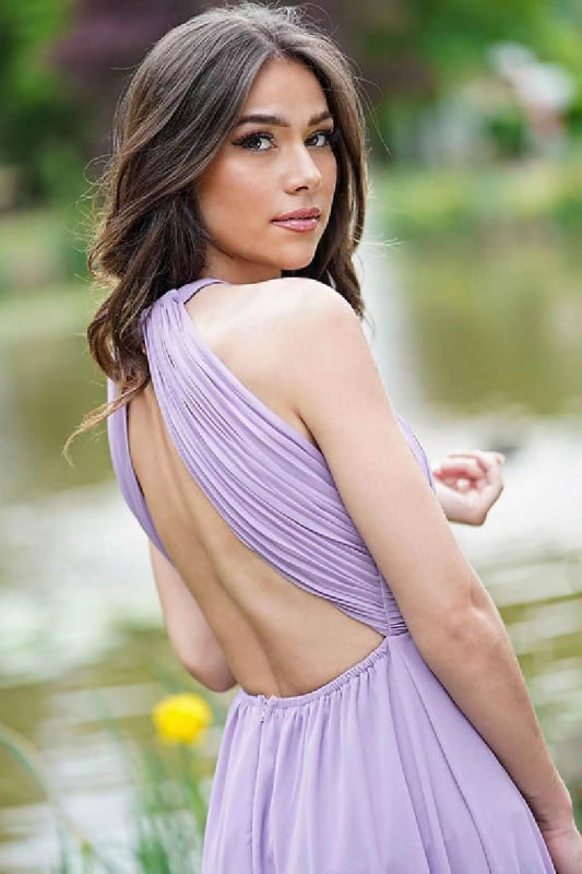 Elegant Lilac Halter A-Line Prom Dress: Sleeveless, Open Back, Chic