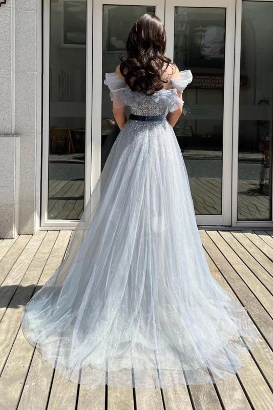 Elegant Off-Shoulder A-Line Sequin Tulle Prom Dress with Belt and Beads Elegant Off-Shoulder A-Line Sequin Tulle Prom Dress with Belt and Beads