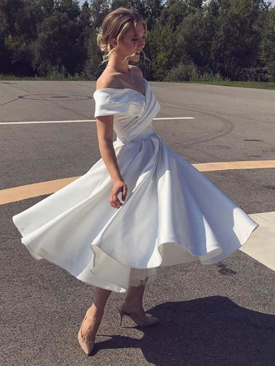 Elegant Off-Shoulder White Satin Tea-Length Prom Dress: Chic Formal Graduation Homecoming Gown Elegant Off-Shoulder White Satin Tea-Length Prom Dress: Chic Formal Graduation Homecoming Gown