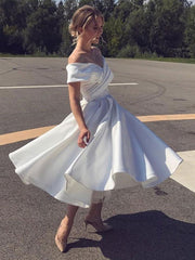 Elegant Off-Shoulder White Satin Tea-Length Prom Dress: Chic Formal Graduation Homecoming Gown