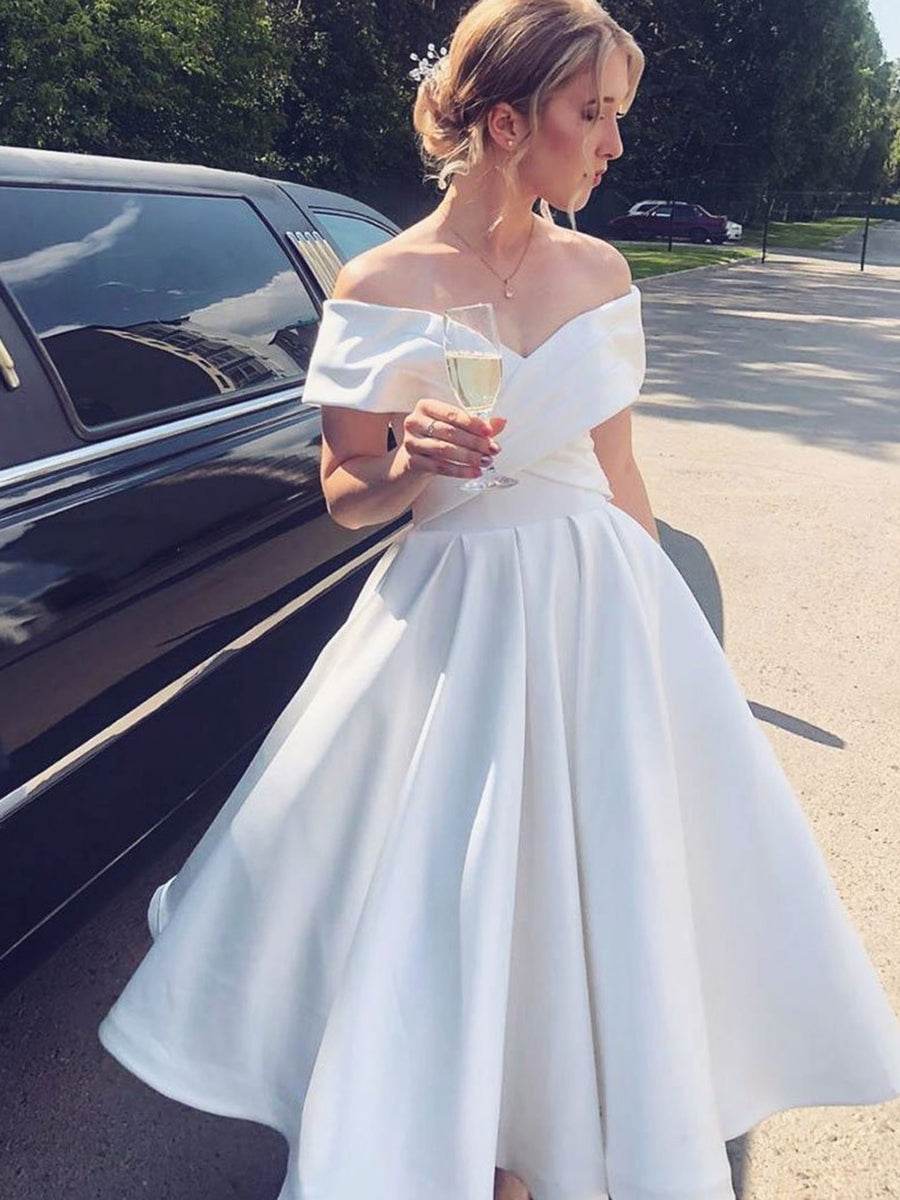 Elegant Off-Shoulder White Satin Tea-Length Prom Dress: Chic Formal Graduation Homecoming Gown Elegant Off-Shoulder White Satin Tea-Length Prom Dress: Chic Formal Graduation Homecoming Gown