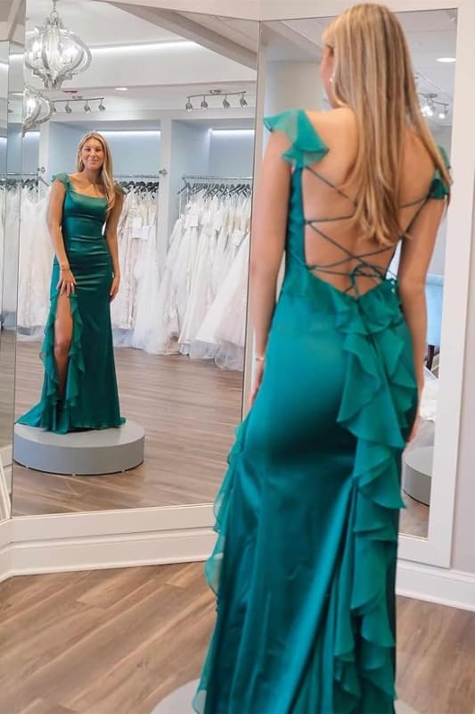 Elegant Square Neckline Satin Lace-Up Column Prom Dress with Slit