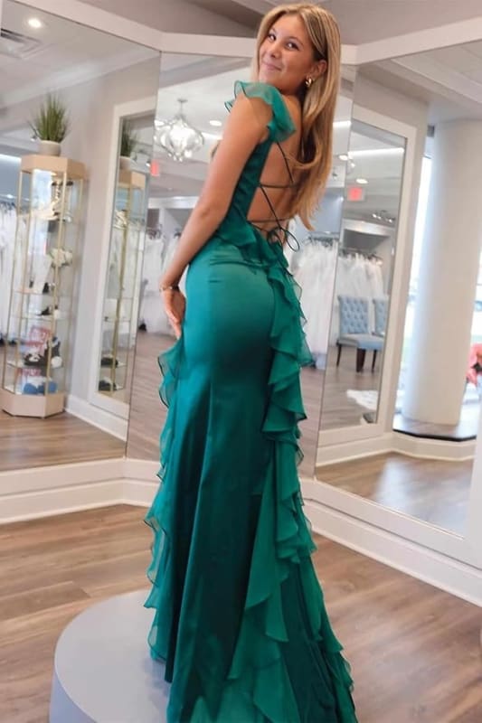 Elegant Square Neckline Satin Lace-Up Column Prom Dress with Slit