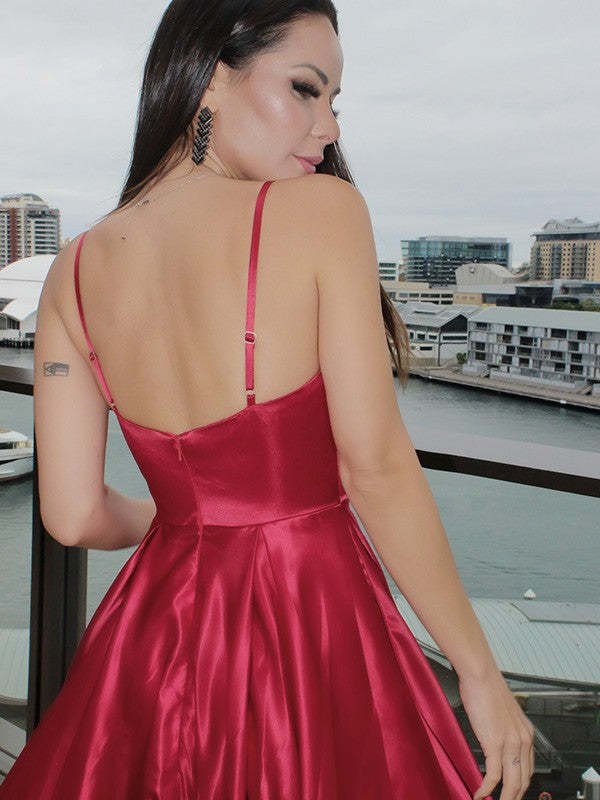 Red Satin Spaghetti Strap Ball Gown Evening Prom Dress