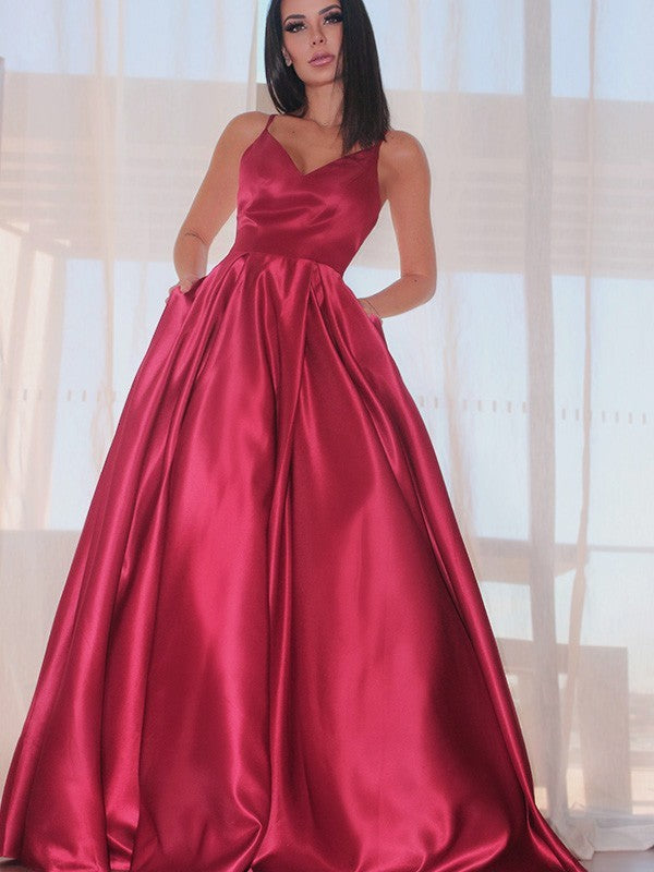 Red Satin Spaghetti Strap Ball Gown Evening Prom Dress