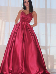 Red Satin Spaghetti Strap Ball Gown Evening Prom Dress